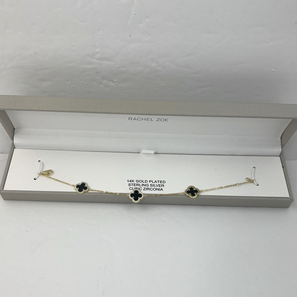 RACHEL ZOE, CLOVER STERLING SILVER BRACELET, 3 GOLD/BLACK CLOVER,CUBIC ZIRCONIA